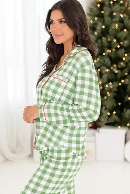 Loungewear & Sleepwear/Sleepwear Light Green Christmas Plaid Print Shirt and Pants Pajama Set