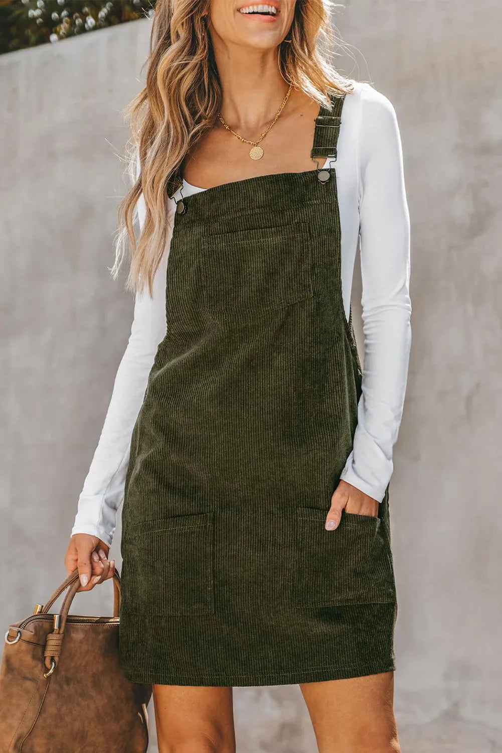 Vineyard Green Solid Front Pockets Sleeveless Corduroy Overall Dress - Chic Meadow Boutique 