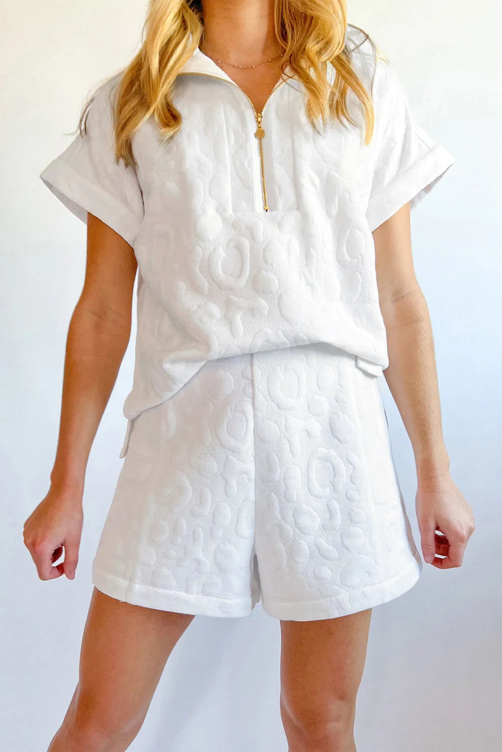 White Leopard Jacquard Quarter Zip Tee and Shorts Set - Chic Meadow Boutique 