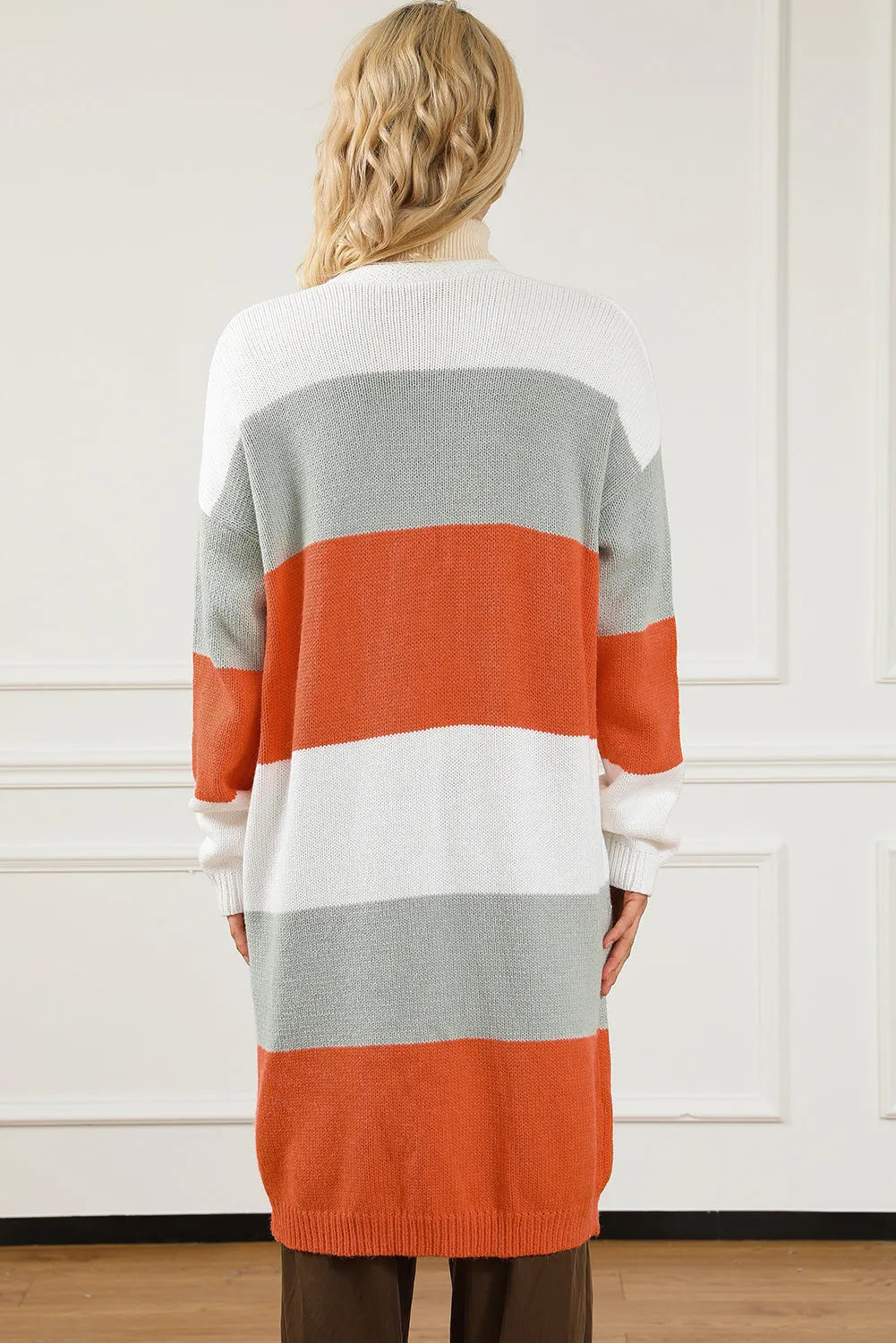 Orange Striped Color Block Drop Shoulder Midi Cardigan - Chic Meadow Boutique 