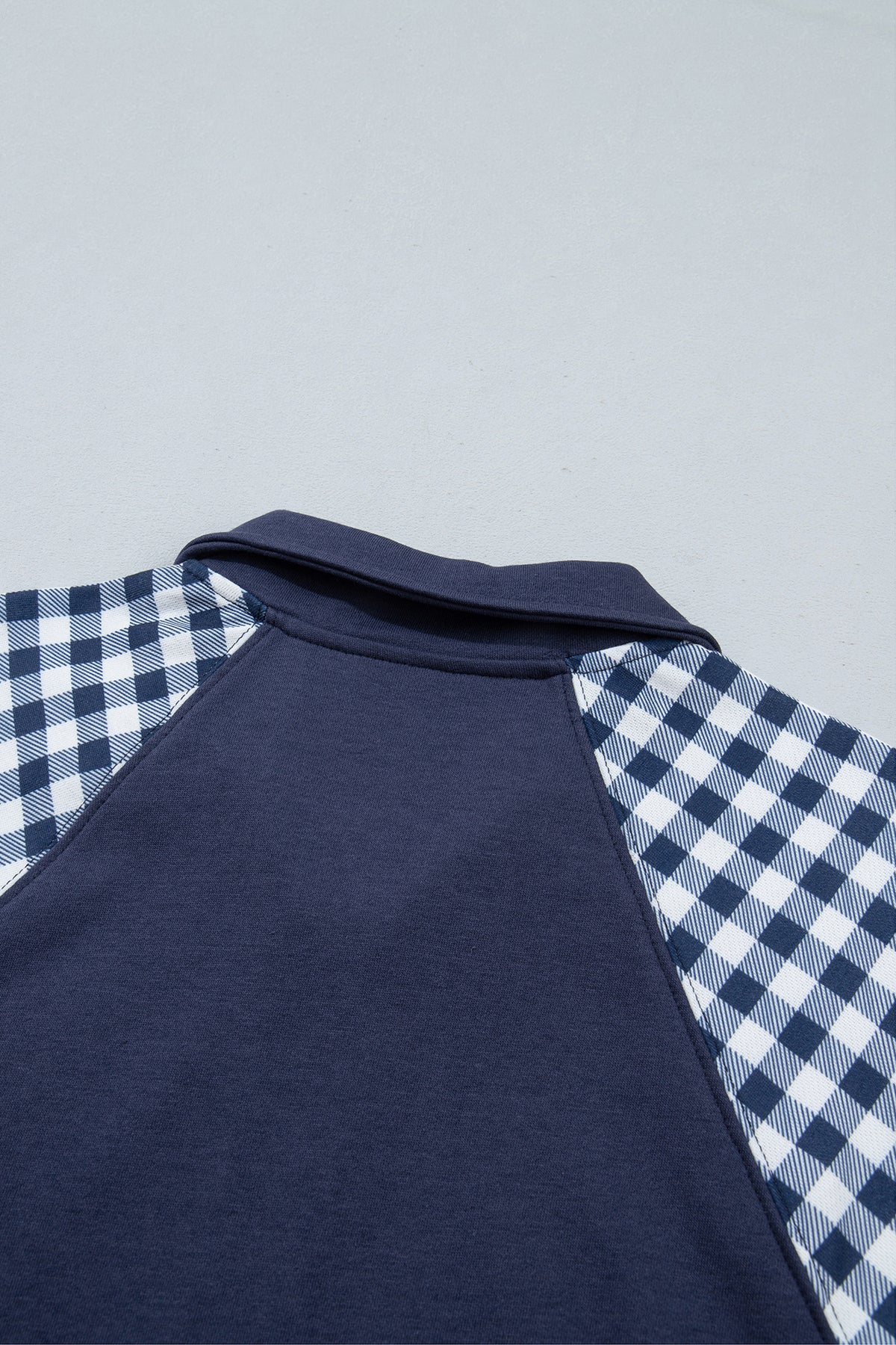 Navy Blue Patchwork Plaid Pocket Quarter Zip Sweatshirt