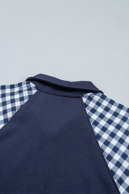 Navy Blue Patchwork Plaid Pocket Quarter Zip Sweatshirt