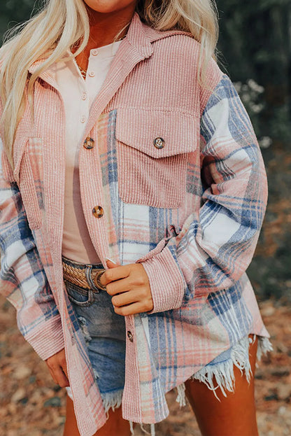 Light Pink Plaid Corduroy Patchwork Chest Pocket Shacket - Chic Meadow Boutique 