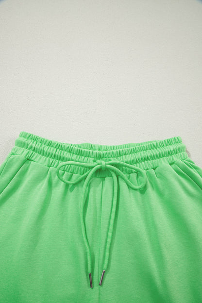 Green Solid Color Puffy Loose Top Drawstring Shorts 2pcs Outfit