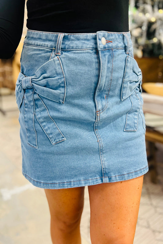 Dusk Blue Acid Wash Bowknot Details High Waist Denim Skirt