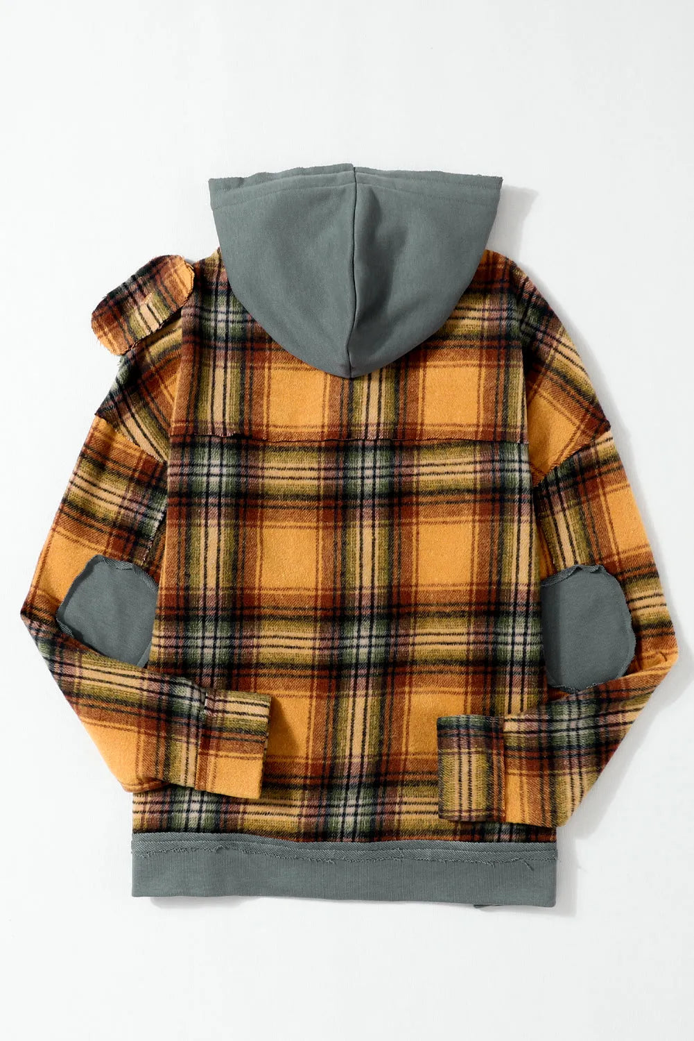 Orange Plaid Patch Hooded Frayed Snap Button Jacket - Chic Meadow Boutique 