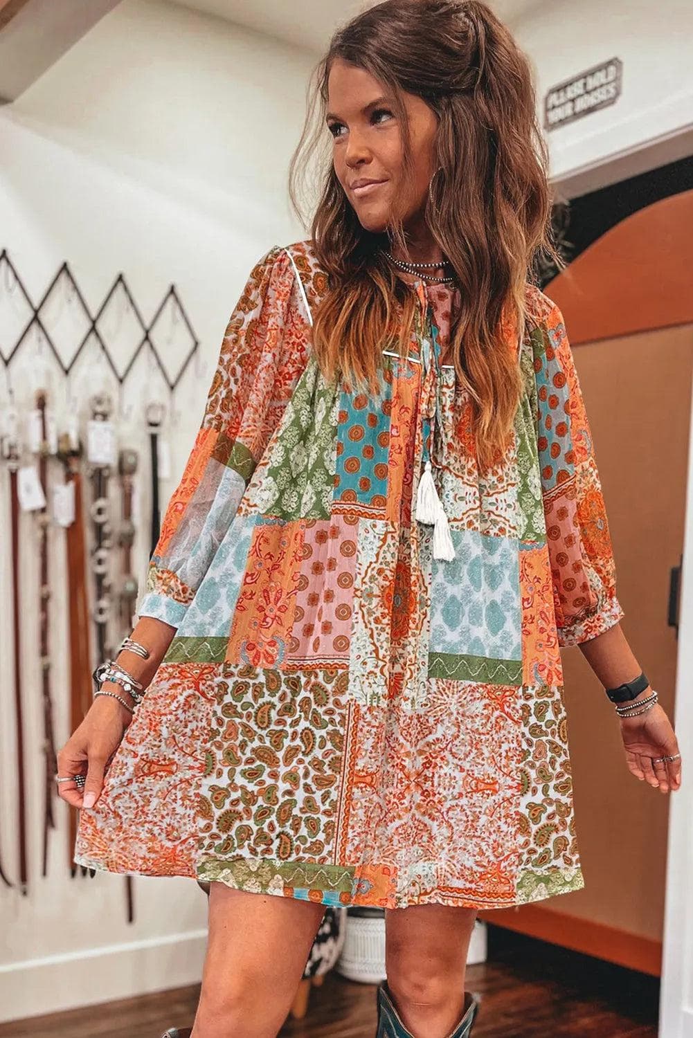 Dresses/Mini Dresses Orange Boho Paisley Mixed Print 3/4 Sleeve Chiffon Loose Dress