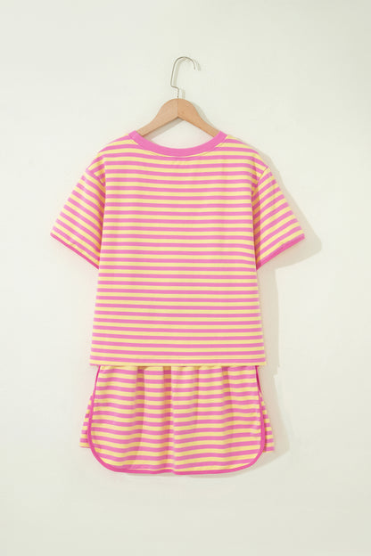 Pink Stripe Loose Short Sleeve Top and Skirt Set