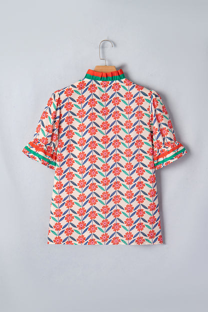 Red Floral Print Striped Detail V Neck Ruffled Short Sleeve Blouse