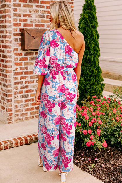 Pink Floral Print Asymmetrical Neckline Single Shoulder Drape Sleeve Belted Jumpsuit