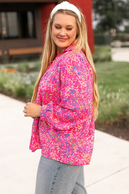 Purple Plus Size Floral Print Puff Sleeve V Neck Blouse