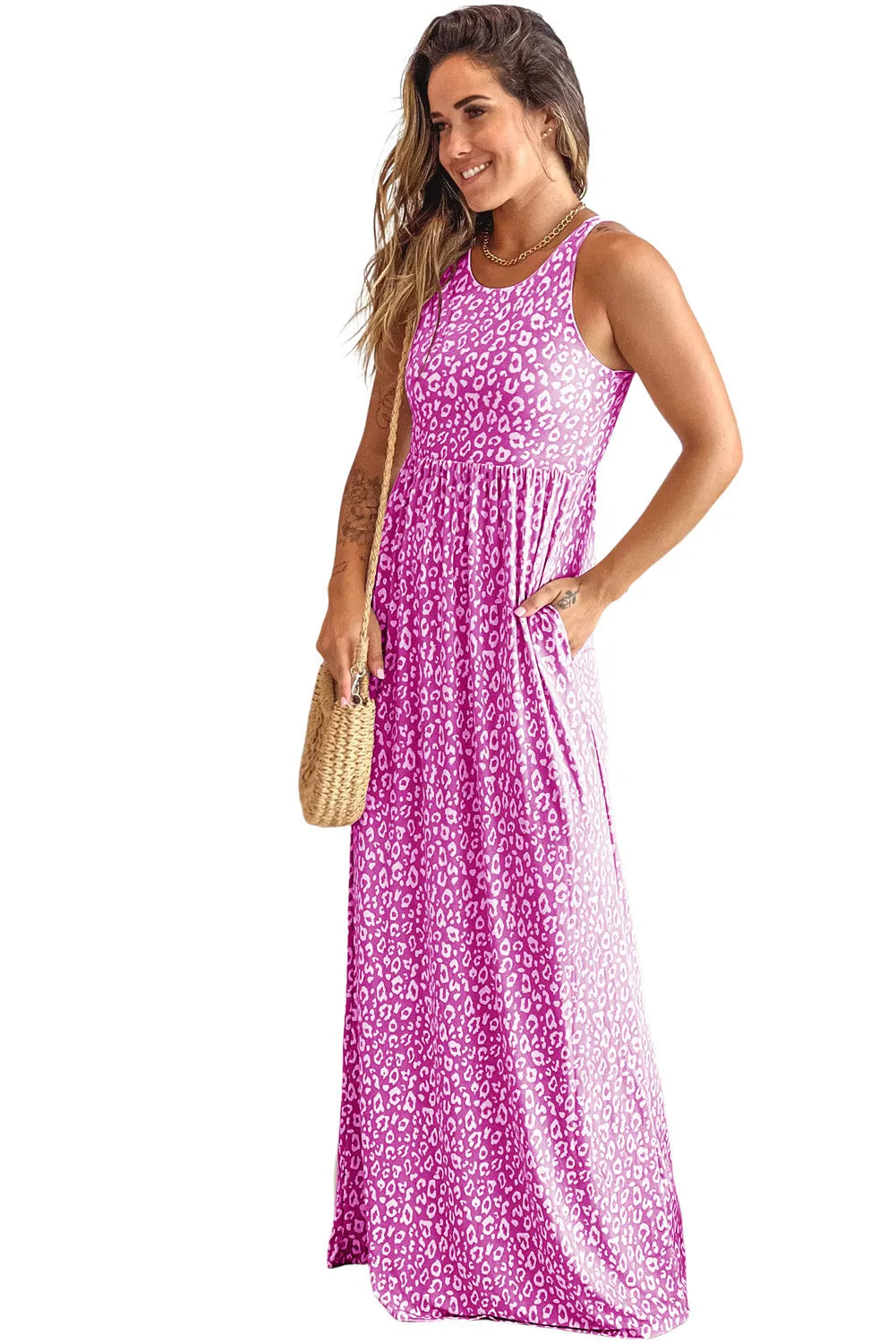 Rose Leopard Print Pocketed Sleeveless Maxi Dress - Chic Meadow Boutique 