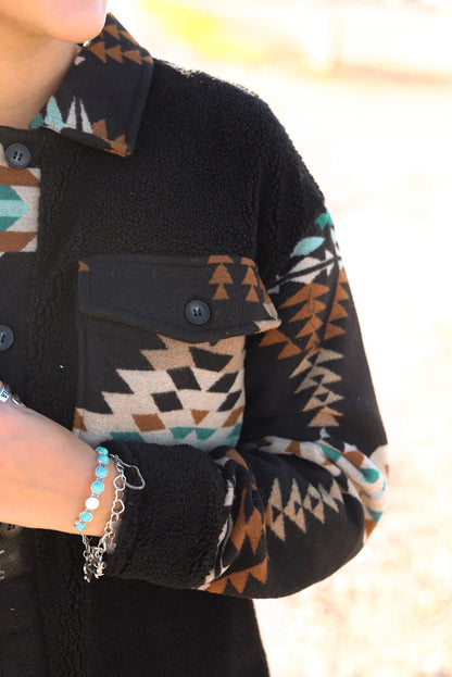 Black Western Aztec Print Accent Fleece Shacket - Chic Meadow Boutique 