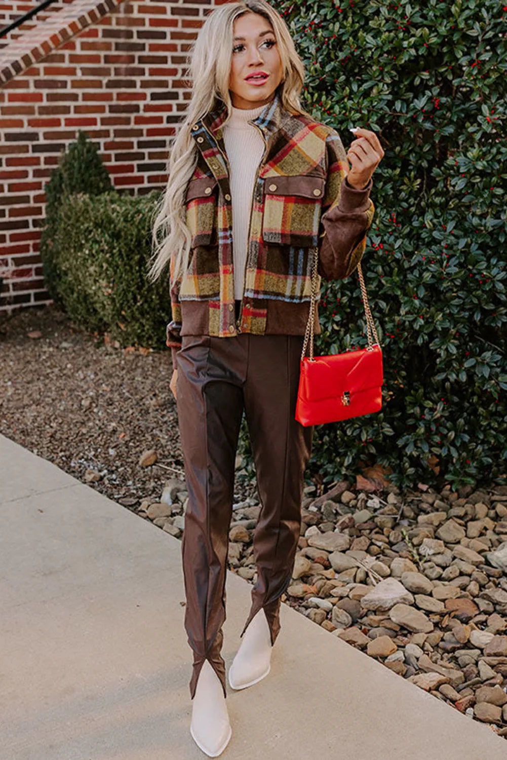 Brown Plaid Print Chest Pockets Button Zipper Stand Neck Jacket - Chic Meadow Boutique 