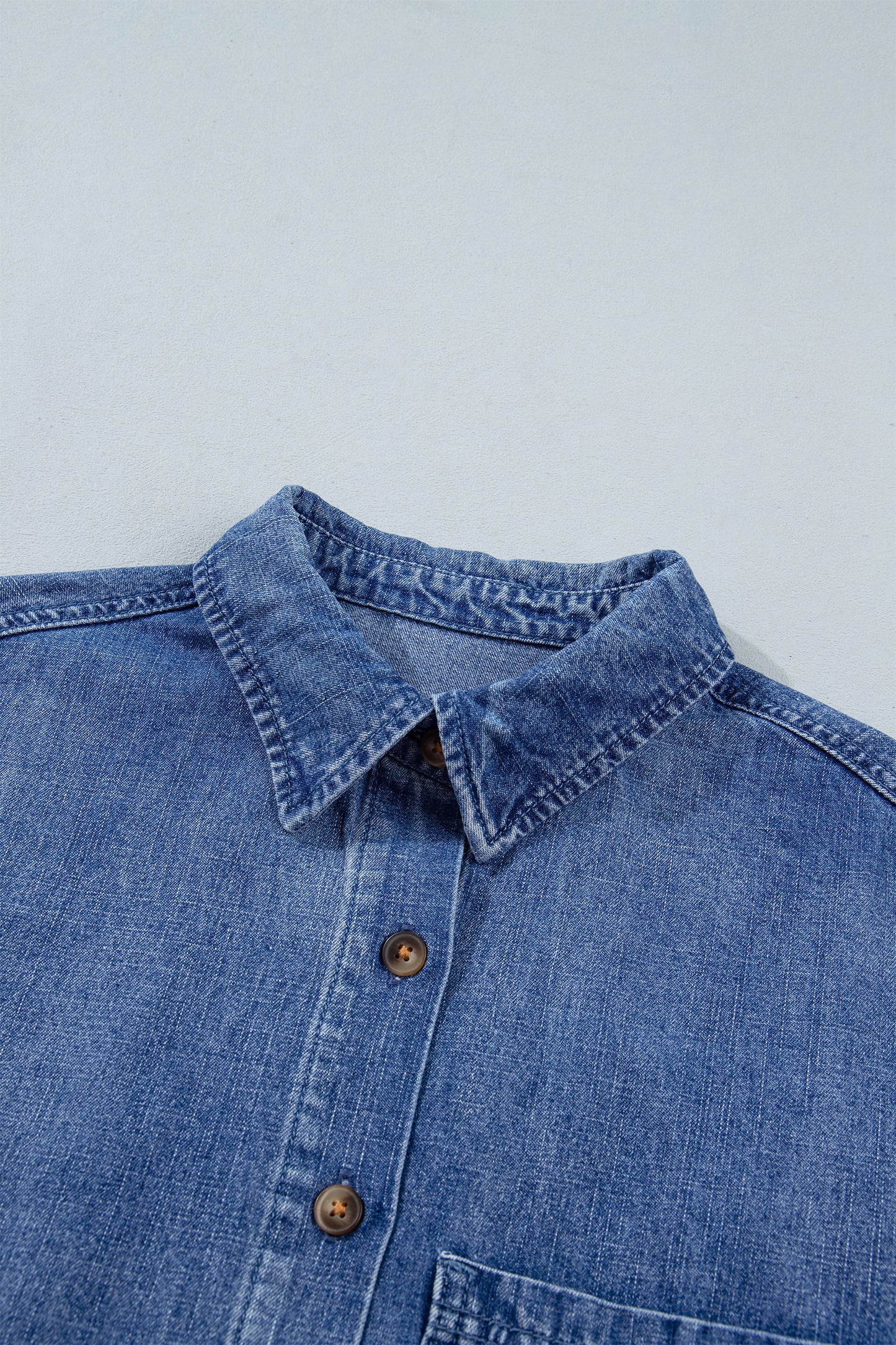Dusk Blue Three Quarter Sleeve Button Front Loose Denim Shirt