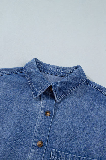 Dusk Blue Three Quarter Sleeve Button Front Loose Denim Shirt