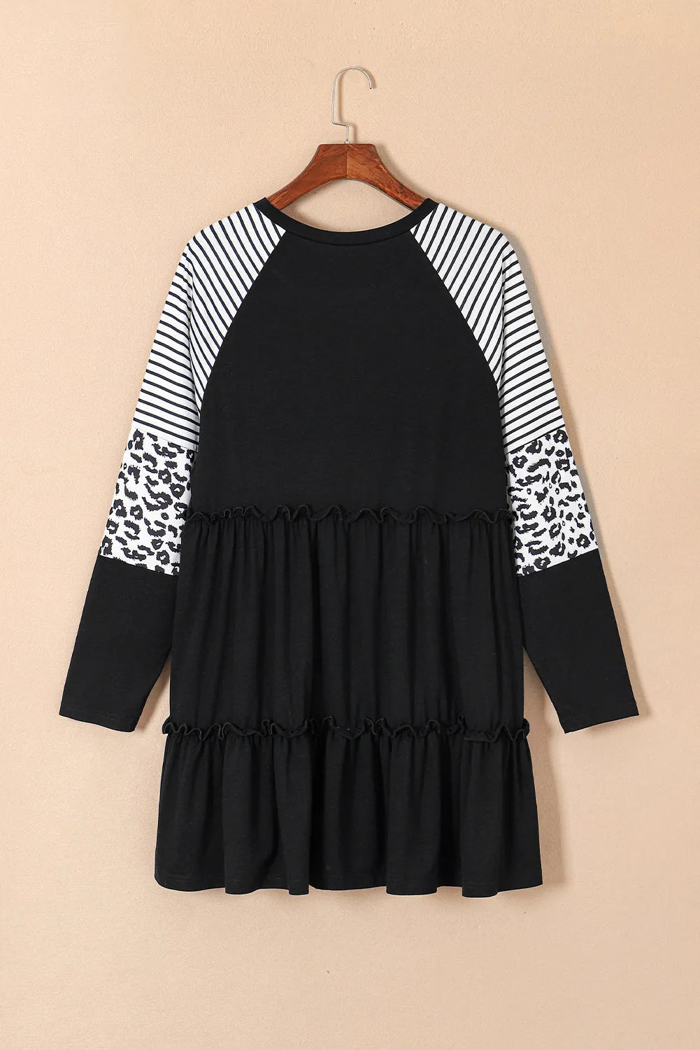 Black Plus Size Striped Leopard Patch Sleeve Ruffle Tiered Dress - Chic Meadow Boutique 