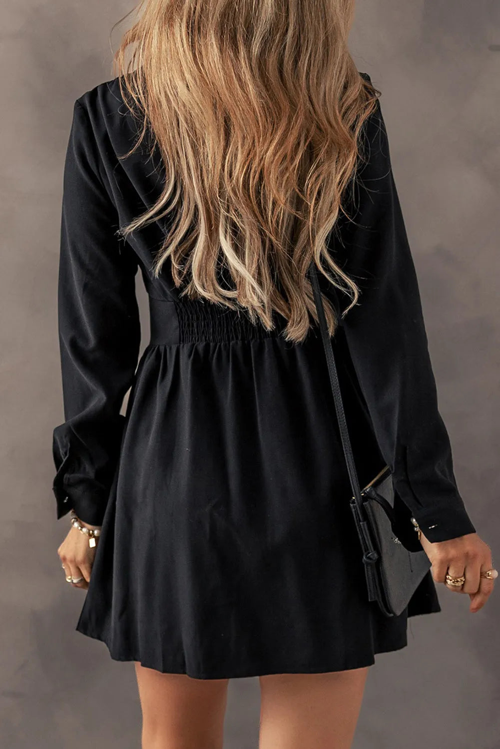 Black Elastic Cinched High Waist Long Sleeve Shirt Mini Dress - Chic Meadow Boutique 