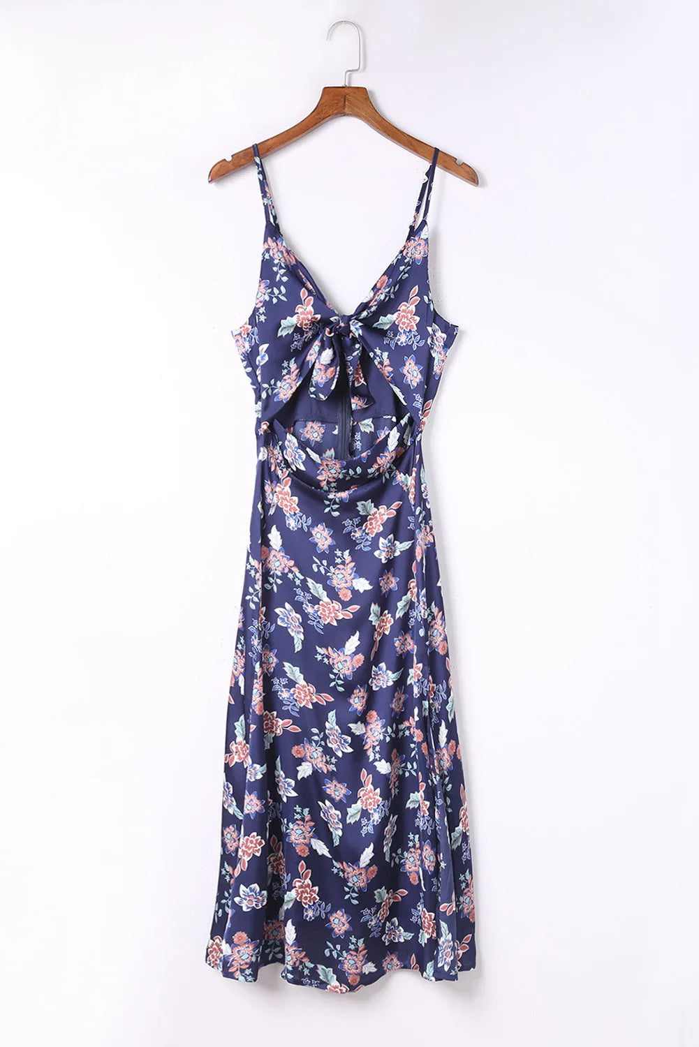 Blue Floral Print Bust Knot Long Dress with Slit - Chic Meadow Boutique 