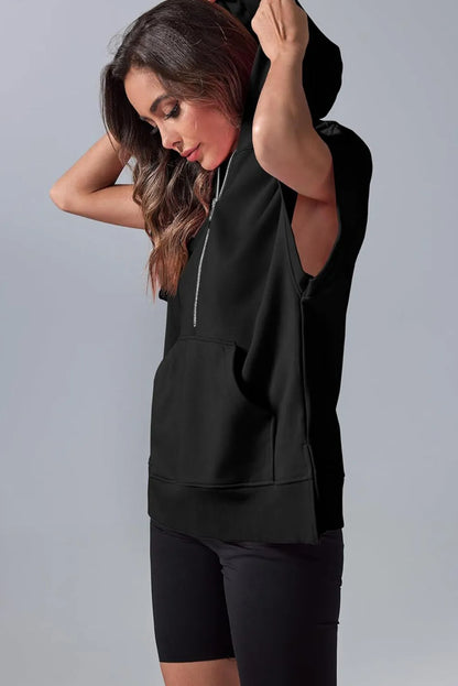 Black Half Zipper Kangaroo Pocket Short Sleeve Hoodie - Chic Meadow Boutique 