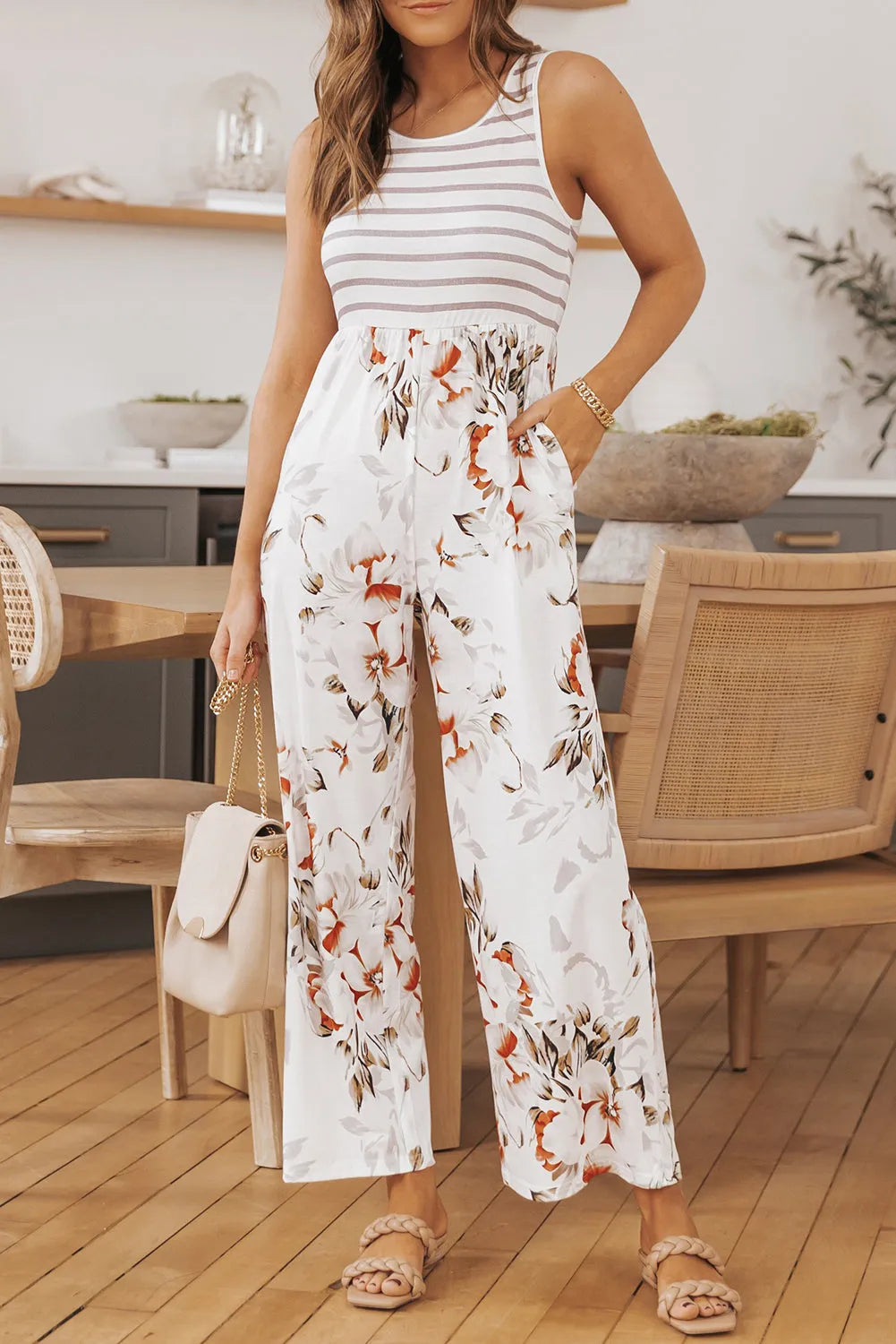 White Striped Floral Pocket Sleeveless Jumpsuit - Chic Meadow Boutique 