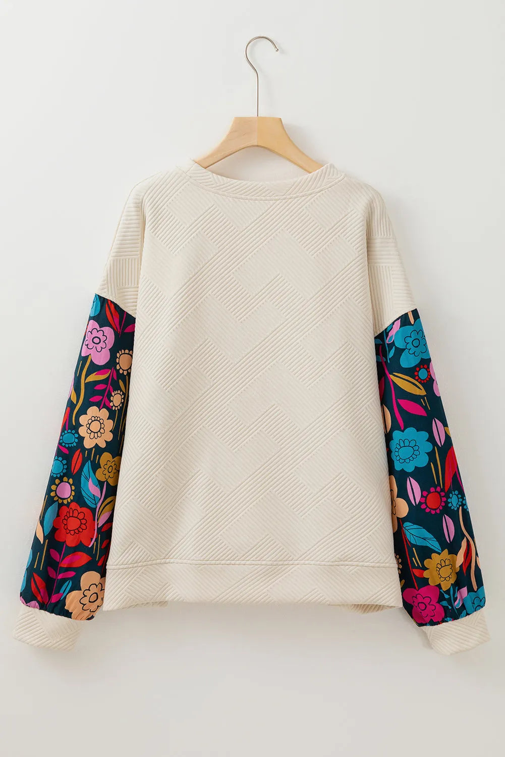 White Floral Patchwork Sleeve Textured Plus Size Pullover Top - Chic Meadow Boutique 