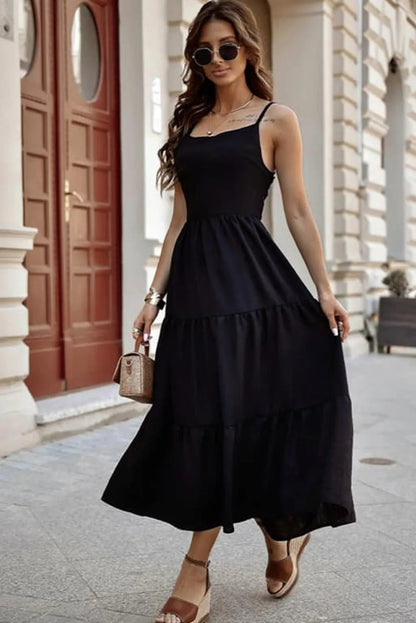 Black Crossover Backless Bodice Tiered Maxi Dress - Chic Meadow Boutique 