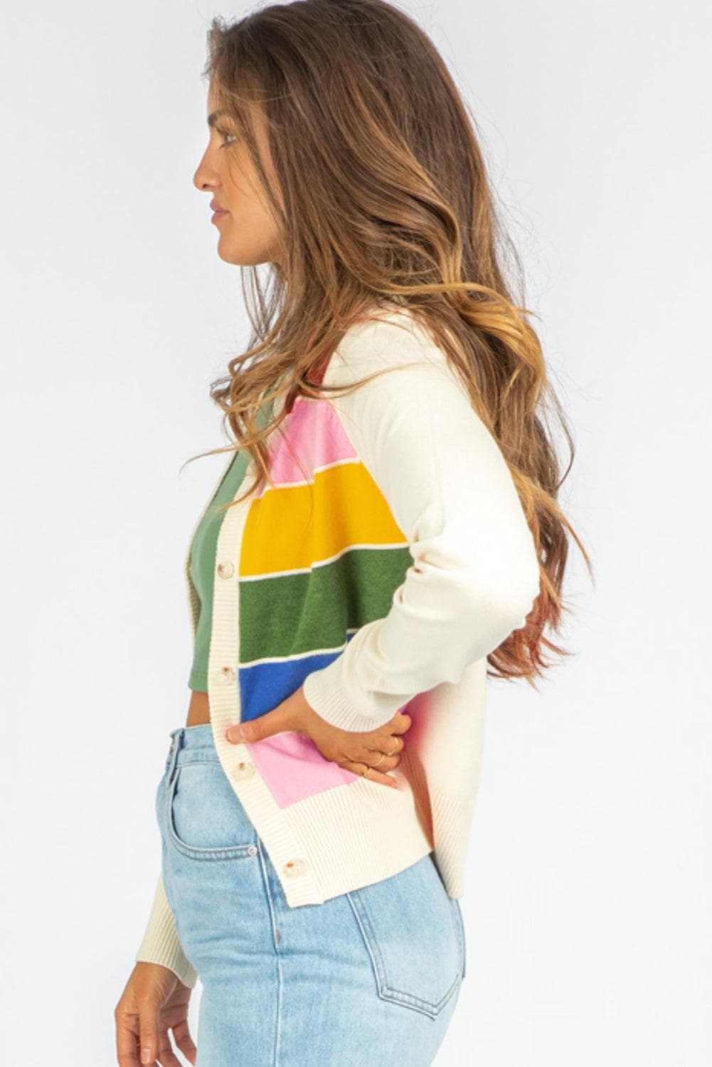 Sweaters & Cardigans/Cardigans White Stripe Colorful Pattern Button Front Sweater Cardigan