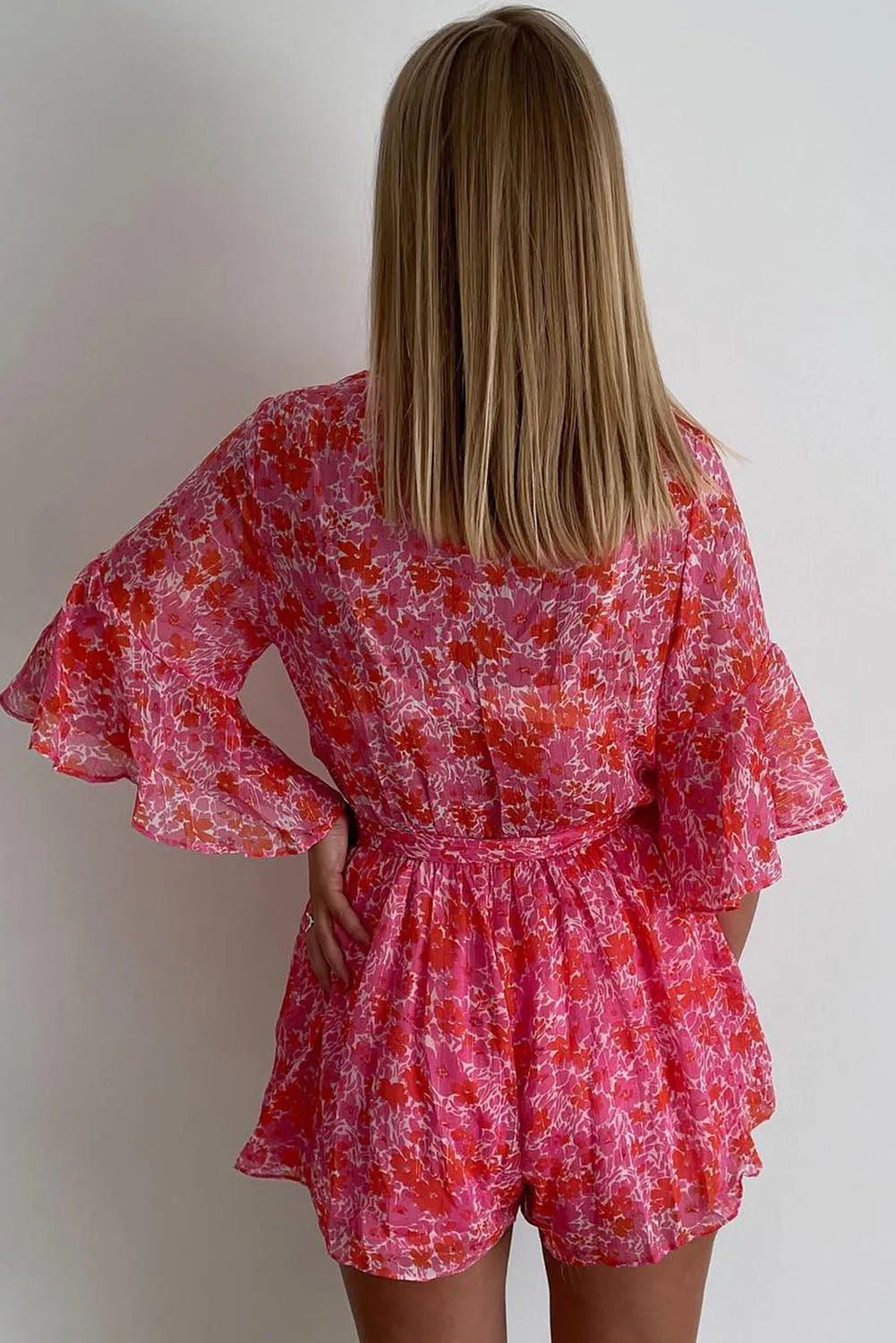 Pink V Neck Ruffled Sleeve Floral Romper - Chic Meadow Boutique 