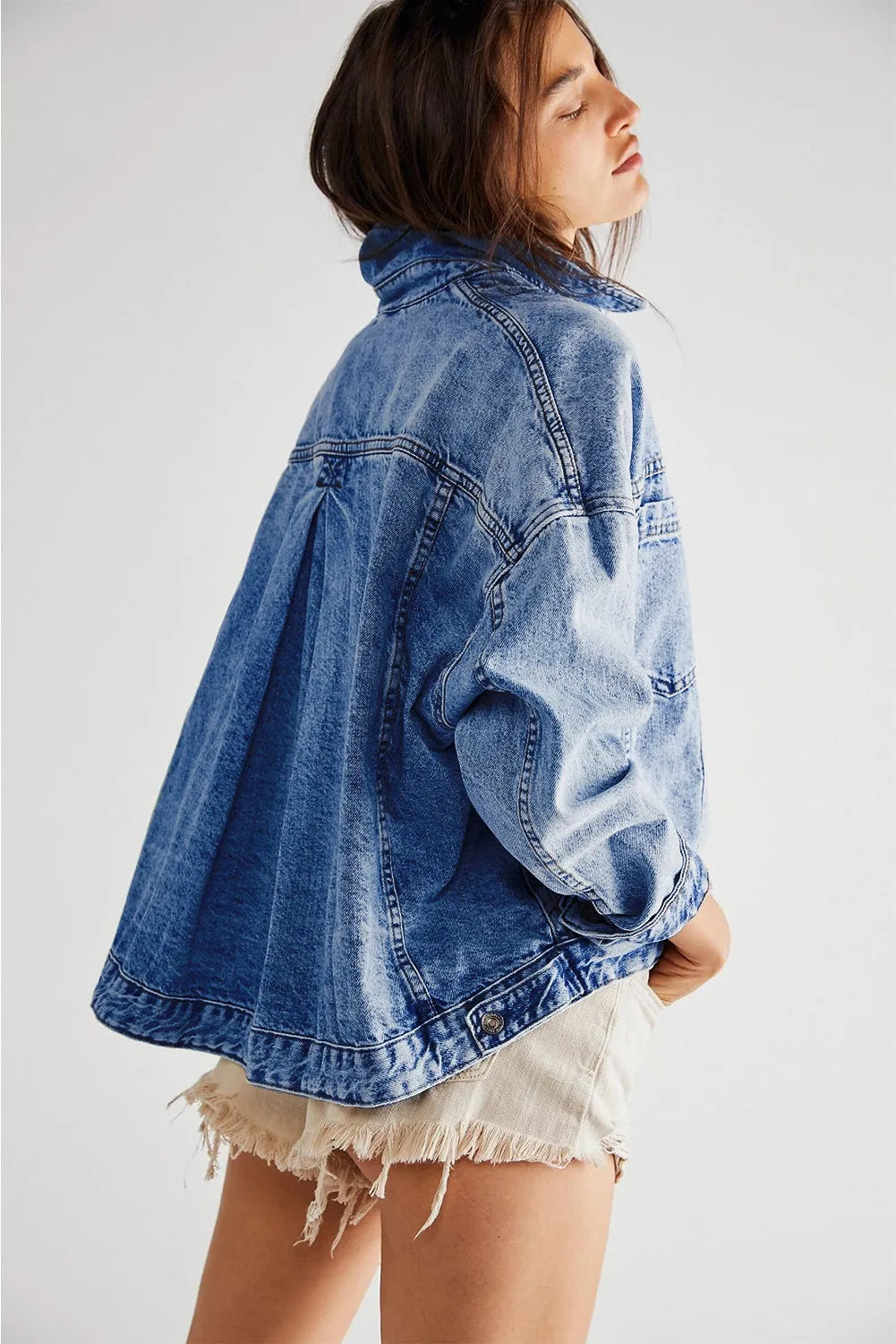 Dark Blue Washed Oversize Pocketed Denim Jacket - Chic Meadow Boutique 