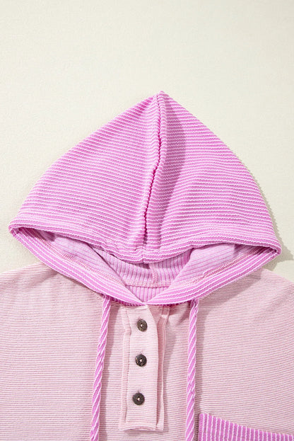 Light Pink Corded Colorblock Patch Pocket Drawstring Hoodie - Chic Meadow Boutique 