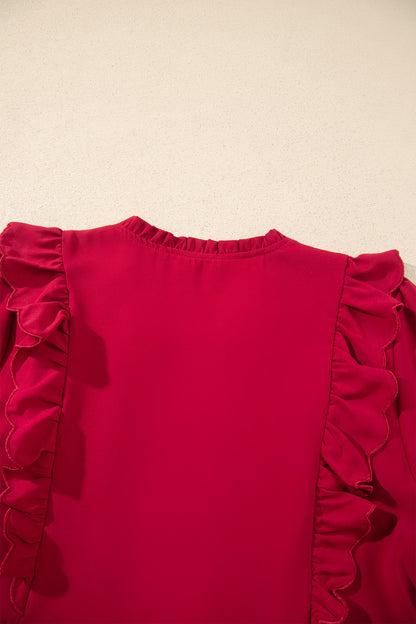 Racing Red Solid Color Ruffle Trim Long Sleeve Tiered Shift Midi Dress