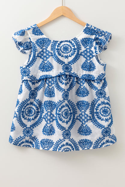 Blue Boho Print Flutter Sleeve Crew Neck Blouse