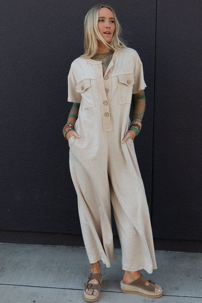 Beige Half Placket Chest Pockets Short Sleeve Wide Leg Jumpsuit