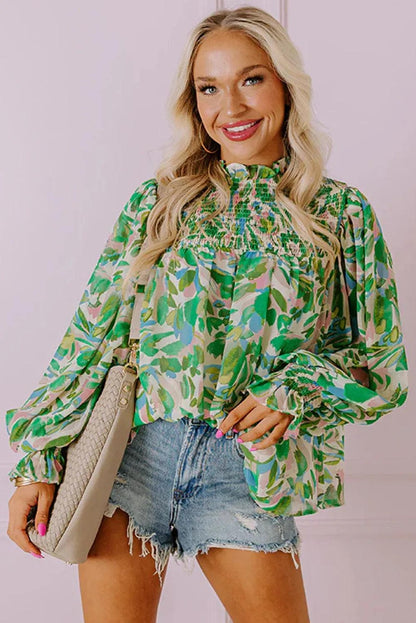 Tops/Blouses & Shirts Green Leafy Printed Flounce Sleeve Shirred Mock Neck Blouse