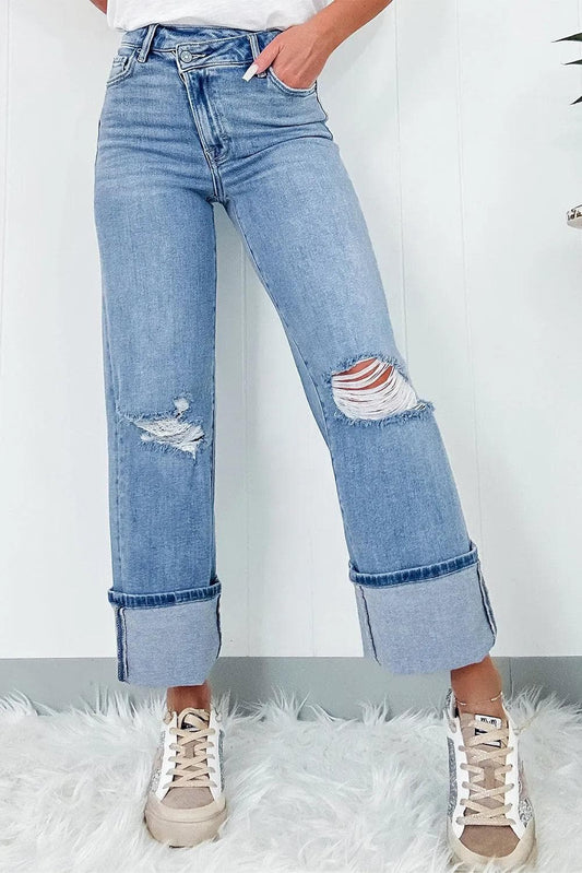 Bottoms/Jeans Dusk Blue / 4 / 93%Cotton+5%polyester+2%Elastane Dusk Blue High Rise Asymmetric Button Zip Fly Ripped Jeans