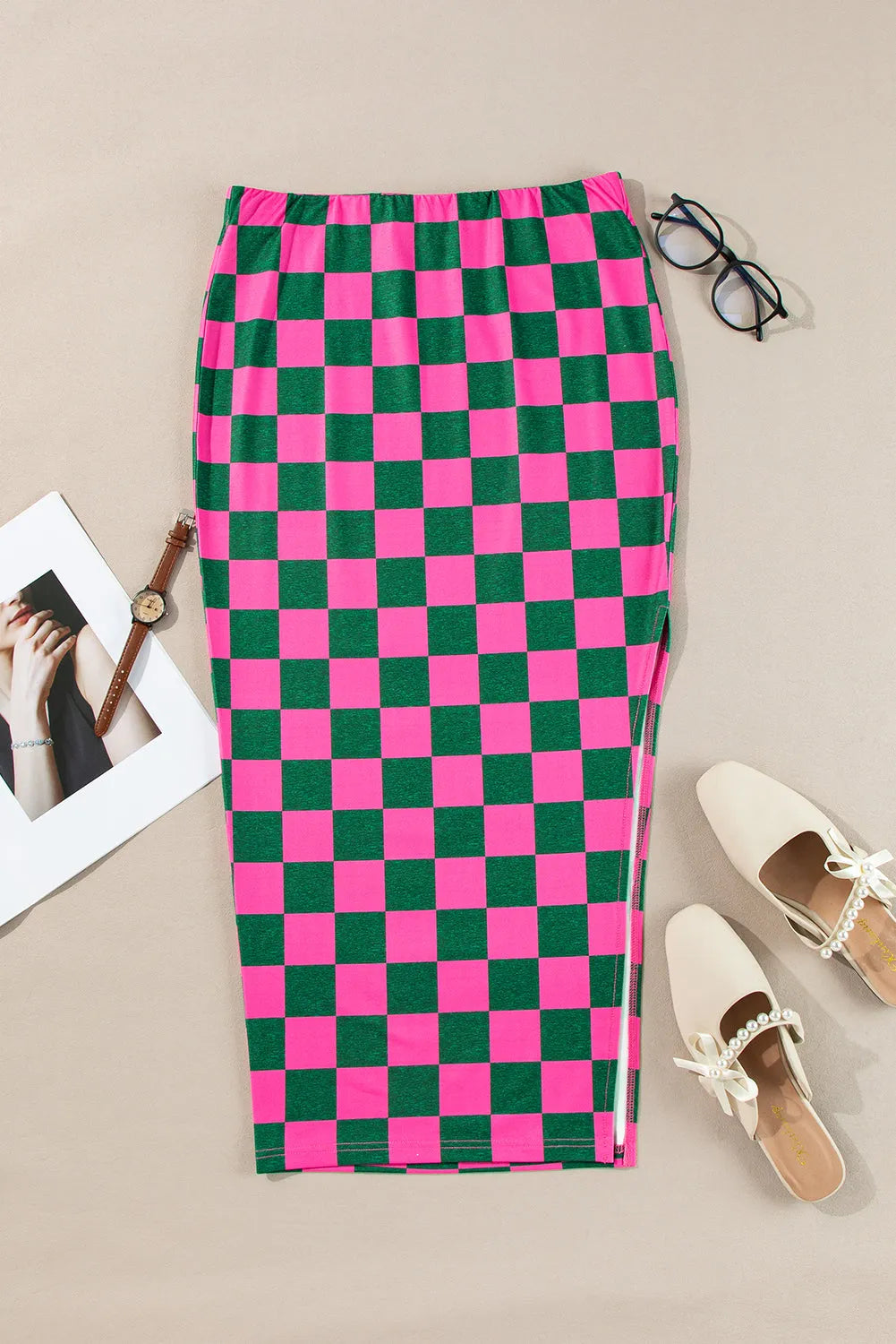 Rose Checkered Print Side Slit High Waist Midi Skirt - Chic Meadow Boutique 