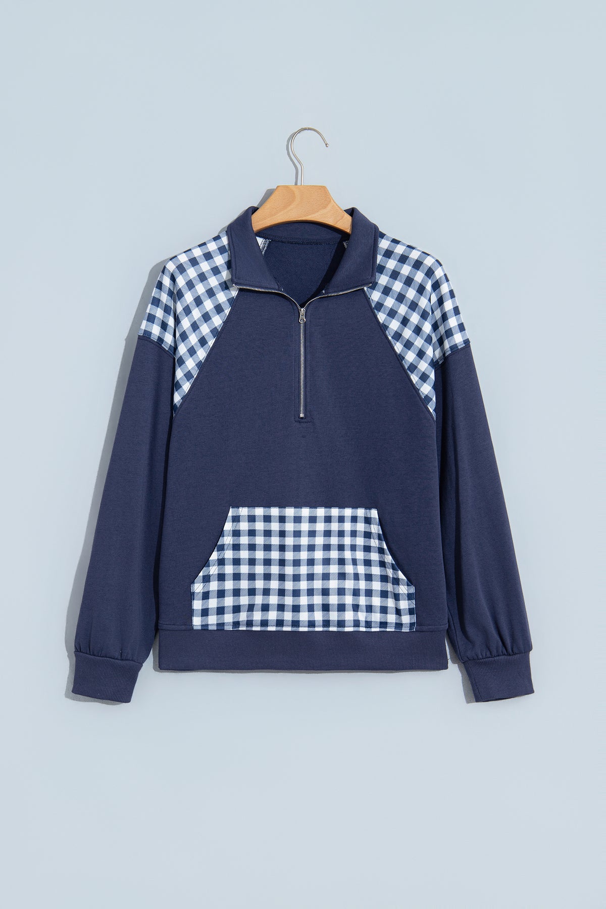 Navy Blue Patchwork Plaid Pocket Quarter Zip Sweatshirt