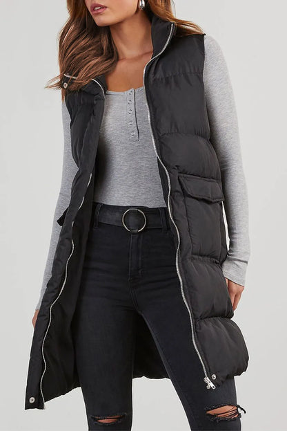 Black Windproof Longline Full Zipper Puffer Vest with Pockets - Chic Meadow Boutique 