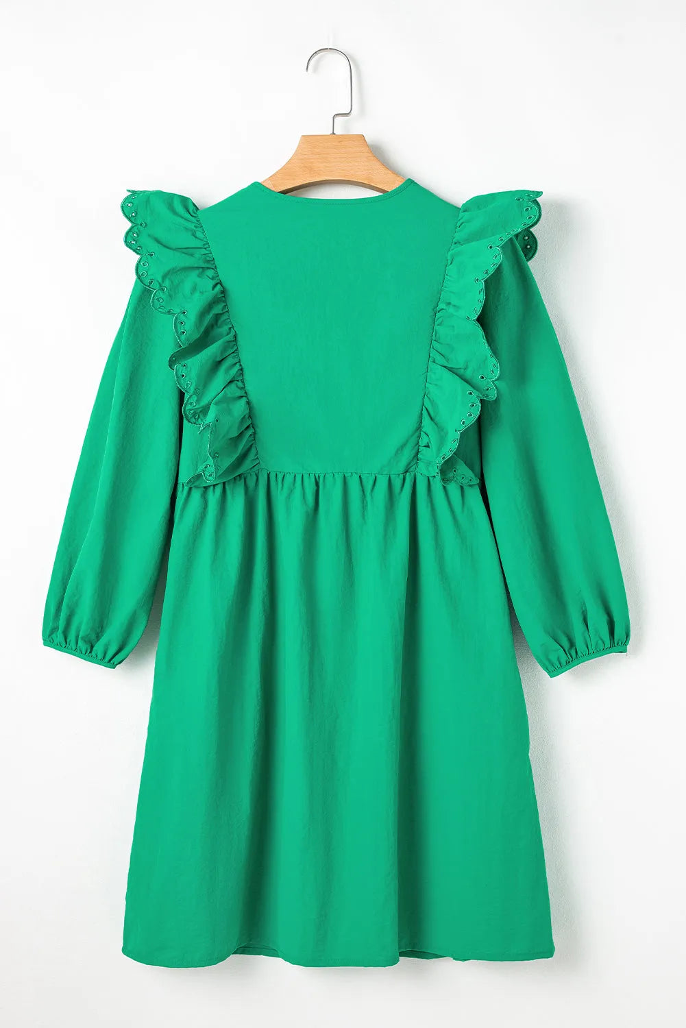 Bright Green Embroidered Ruffled Trim 3/4 Sleeve V Neck Mini Dress - Chic Meadow Boutique 