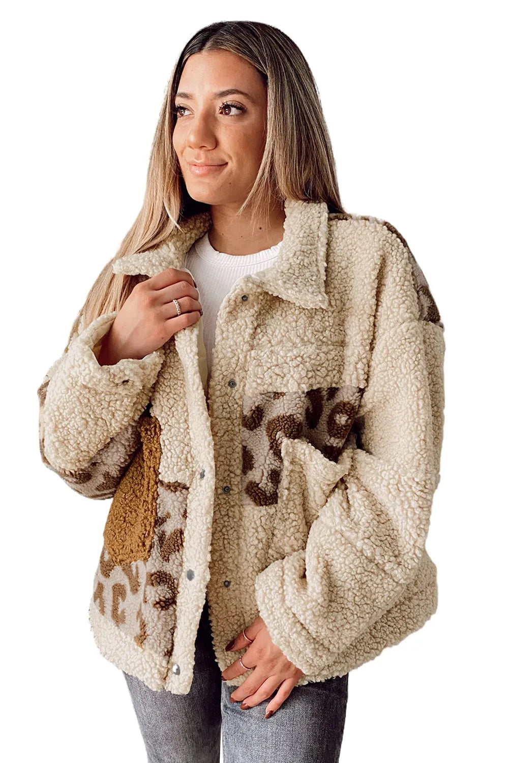 Beige Leopard Patchwork Snap Buttons Sherpa Jacket - Chic Meadow Boutique 