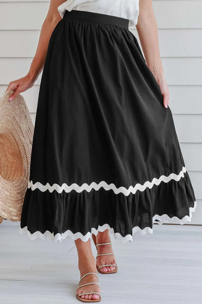 Black Ricrac Trim Colorblock High Waist Long Skirt - Chic Meadow Boutique 