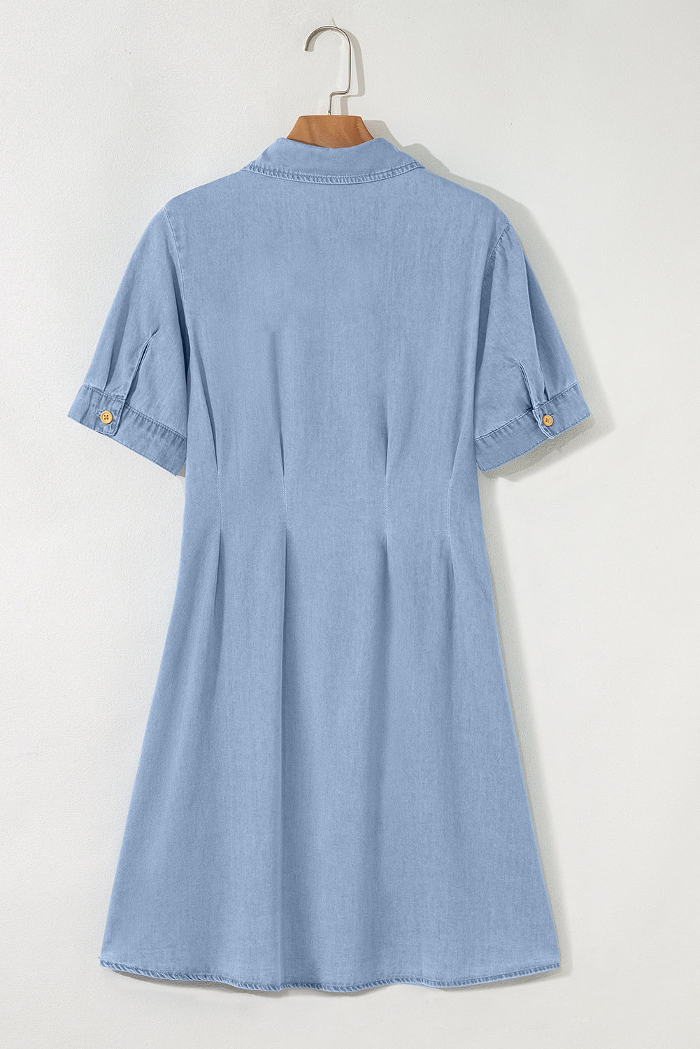Myosotis Denim Pleated Slim Waist Short Sleeve Shirt Dress