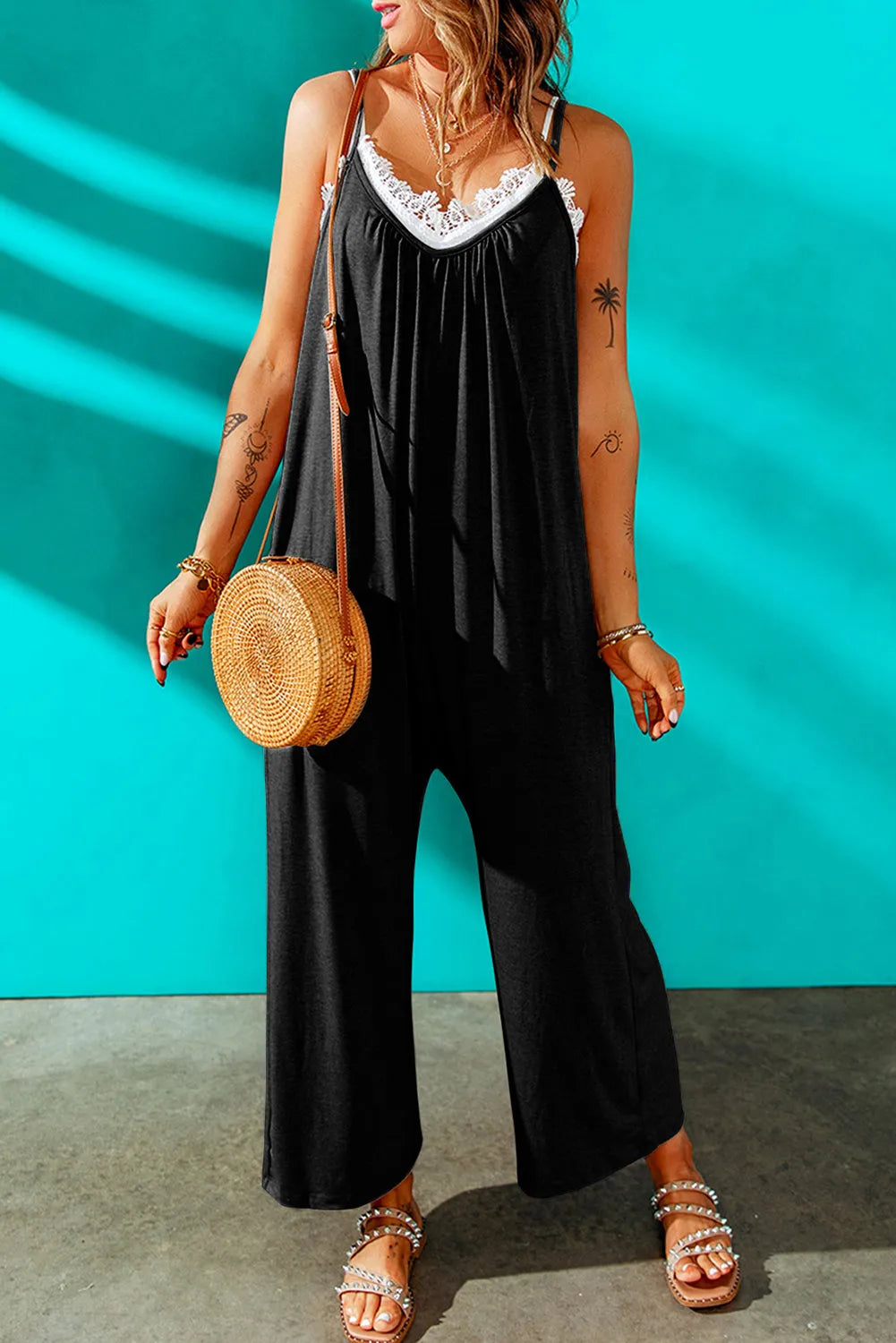 Black Spaghetti Straps Wide Leg Pocketed Jumpsuits - Chic Meadow Boutique 