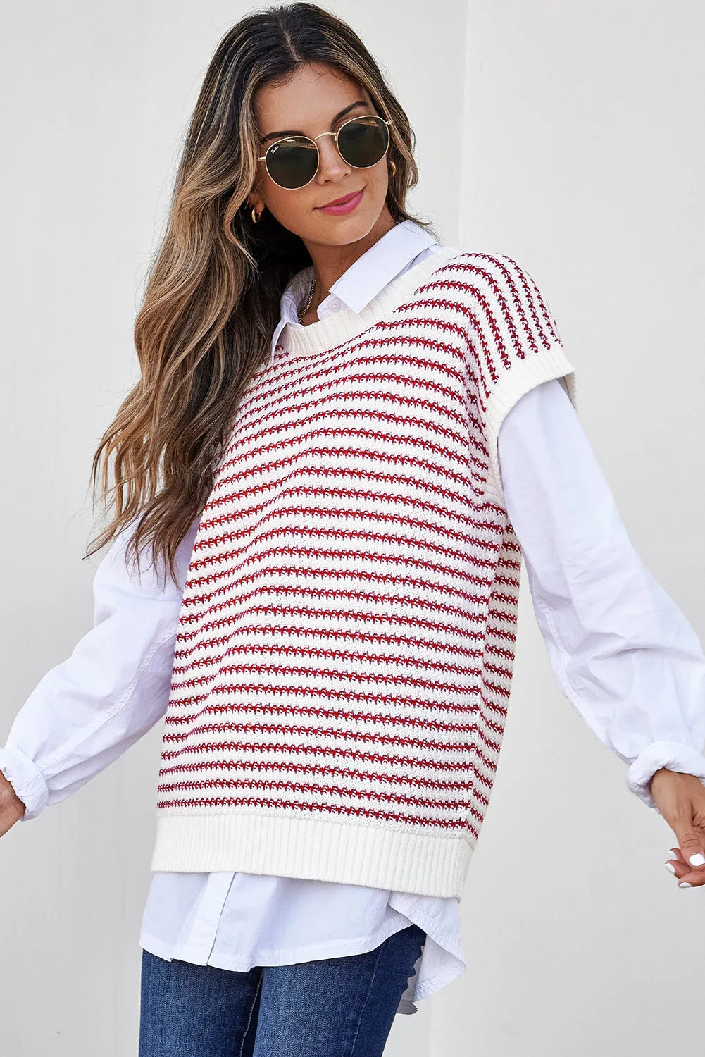 Red Stripe Ribbed Trim Loose Fit Knitted Sweater Vest - Chic Meadow Boutique 