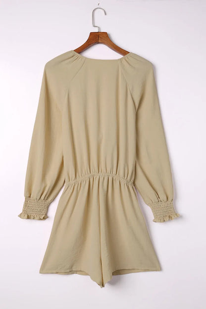 Beige Tie Knot Puff Long Sleeve Romper - Chic Meadow Boutique 