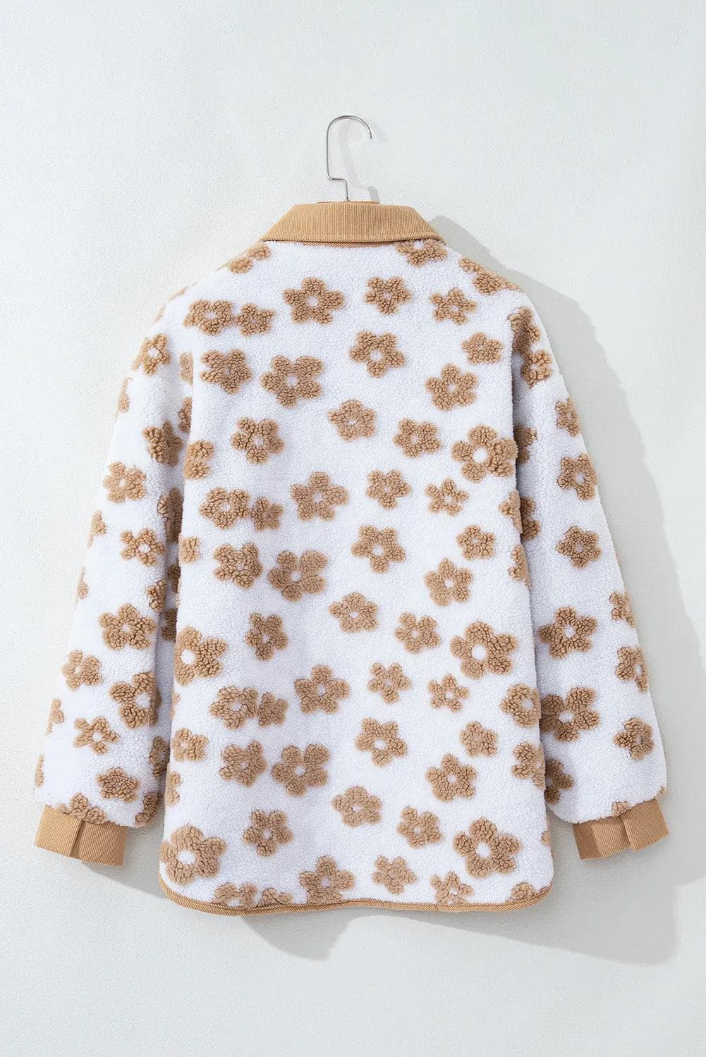 Outerwear/Jackets Light French Beige Cute Flower Pattern Button Up Fleece Jacket