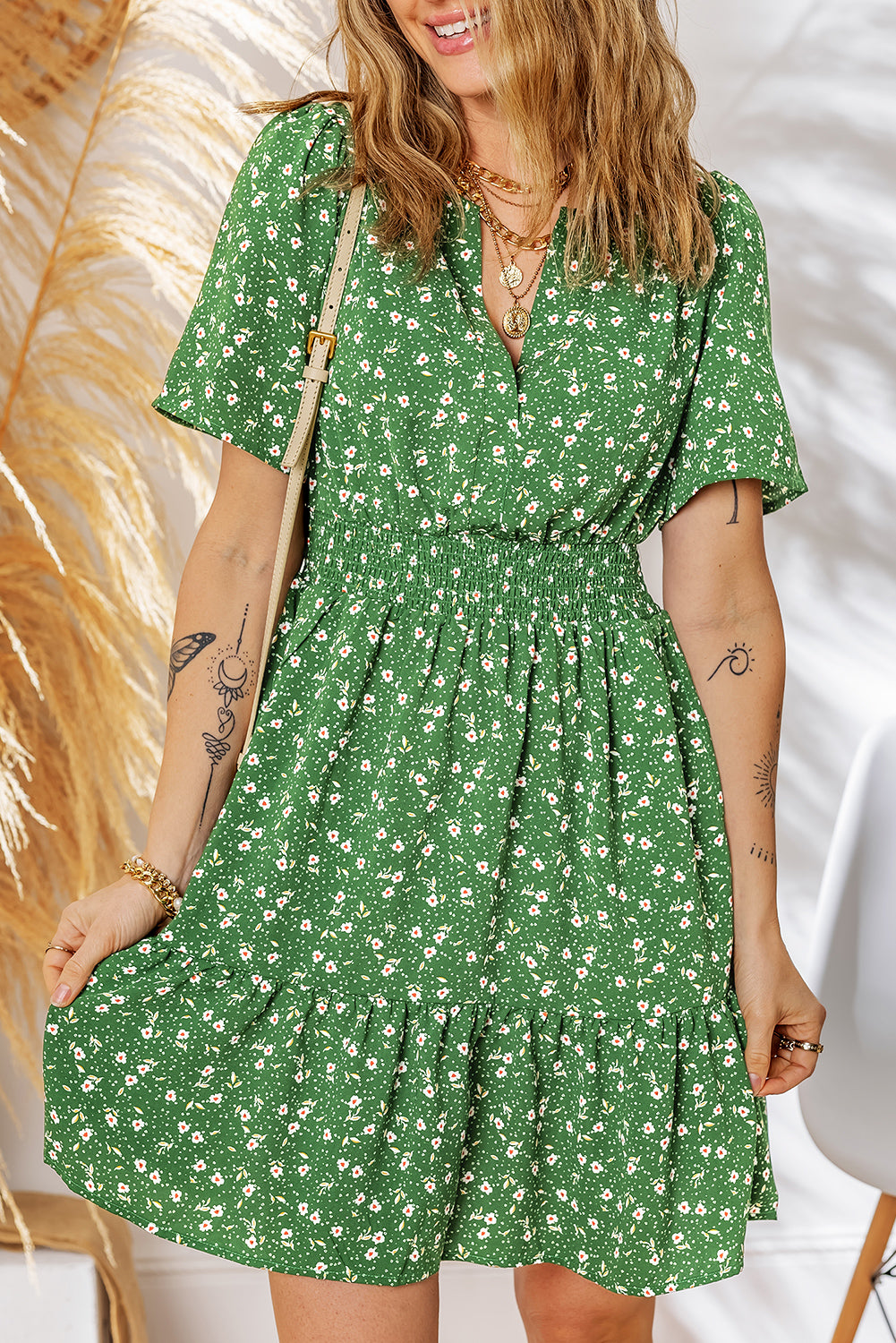 Green Floral Print Wrap V Neck Short Sleeve High Waistband Mini Dress