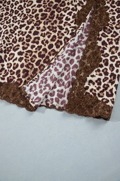 Khaki Cheetah Print Trim Split Long Western Skirt