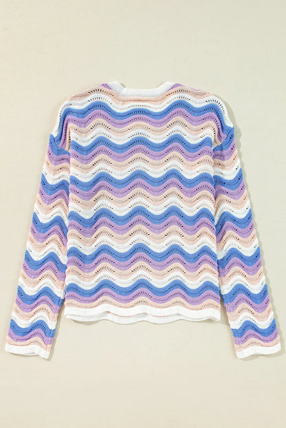 Purple Stripe Wavy Pointelle Knit Drop Shoulder Sweater - Chic Meadow Boutique 